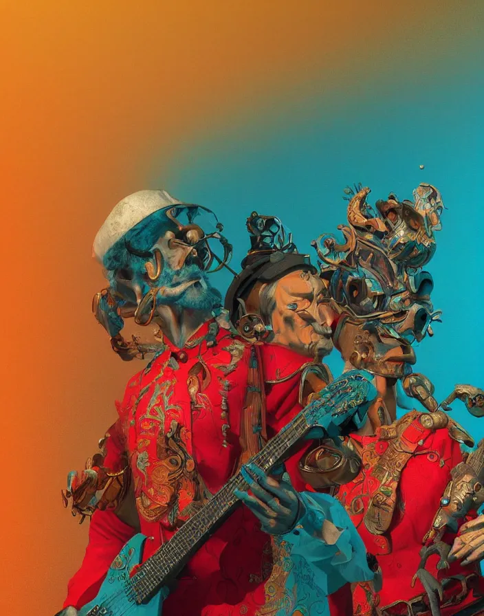 Prompt: old musicians by Dali intricate artwork by artstation. halo. octane render, cinematic, hyper realism, octane render, 8k, depth of field, bokeh. iridescent accents. vibrant. teal and gold and red colour scheme.