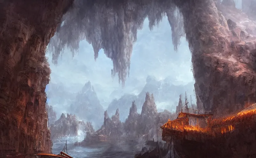 Prompt: a singular 15th century three mast ship Manowar in the foreground, in a cave with stalagmites and stalagtites. Matte painting in the style of Marc simonetti and Christophe vacher and Hubert Robert, detailed, complementary colors trending on artstation.