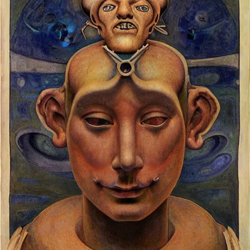 Image similar to robot boy wearing the bone crown, by annie swynnerton and diego rivera and lucien freud and jean delville and evelyn de morgan, symbolist, dramatic lighting, elaborate geometric ornament, art brut, soft pastel colors, smooth, sharp focus, extremely detailed, adolf wolfli, leo and diane dillon, nicholas roerich, donato giancola