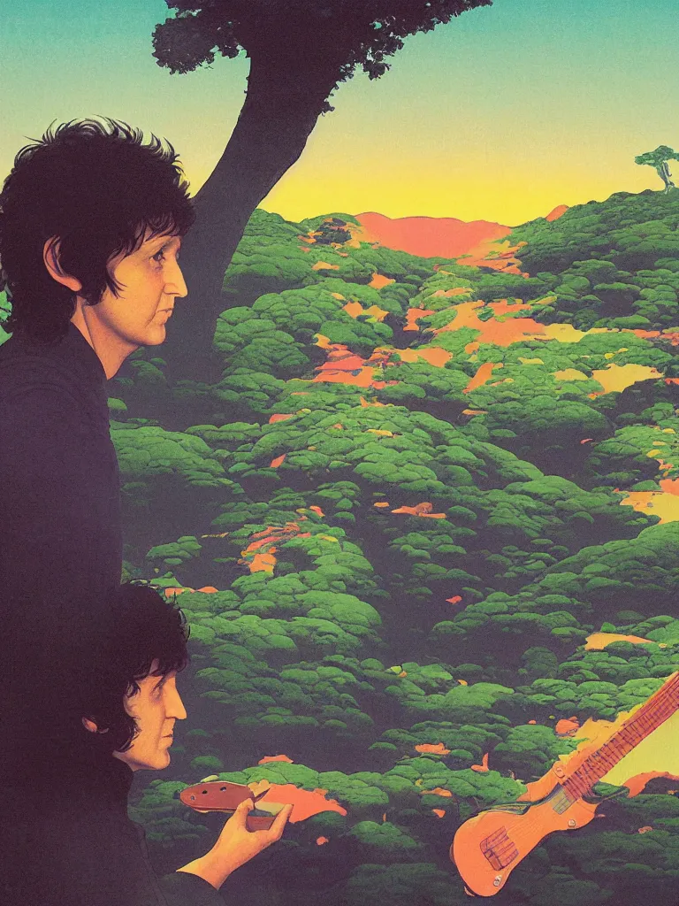 Image similar to an image of paul mccartney as frodo from the lord of the rings, taking mind altering drugs, a blotter paper of lsd acid and dreaming psychedelic hallucinations in the vast shire landscape, by kawase hasui, moebius, edward hopper, colorful flat surreal design, dramatic lighting, hd, 8 k, artstation