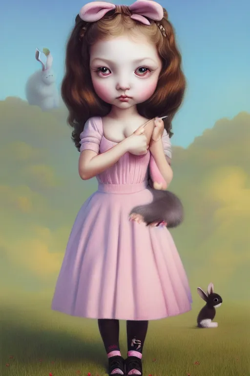 Image similar to matte sharp painting cute little girl with furry bunny, painted by mark ryden, artgerm, artstation behance storybook l