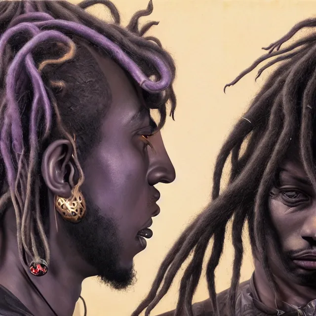 Image similar to hyperrealistic hyper detailed neo - surreal 8 5 mm portrait of two black goth male wikiing's with dreadlocks matte painting concept art hannah yata dali very dramatic soft light low side angle shot hd 8 k sharp shallow depth of field