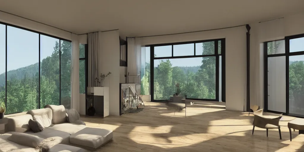 Image similar to architecture render of interior of a beautiful modern home, large windows with a beautiful view of a forest, realistic, hd, 8 k, digital rendering, unreal engine, blender, octane, maya