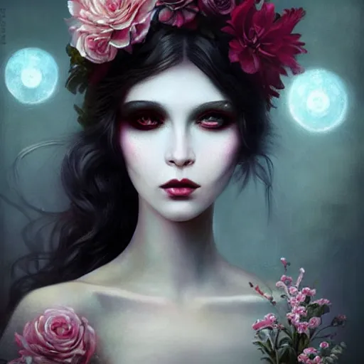 Image similar to A painting of a woman with white makeup and flowers on her head, cyberpunk art by Tom Bagshaw, Deviantart, gothic art, wiccan