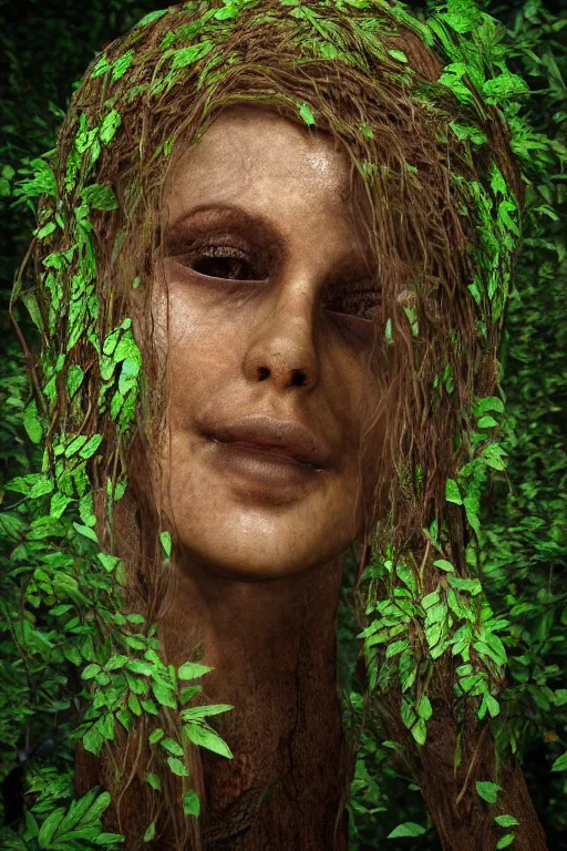 Prompt: A hyper real photo of a female dryad, whose face is made of wood, rendered in unreal, 4k, subtle horror theme, menacing.