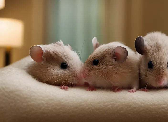 Image similar to photo of a two hamsters laying in a bed, cinematic color grading, various poses, soft light, faded colors, well framed, sharp focus, 8 k