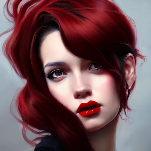 Image similar to a realistic illustration portrait of a beautiful cute girl with curly black and red hair, a pointy nose and, round chin black eyeliner, trending on artstation, hyper - realistic lighting, intricate, ross tran