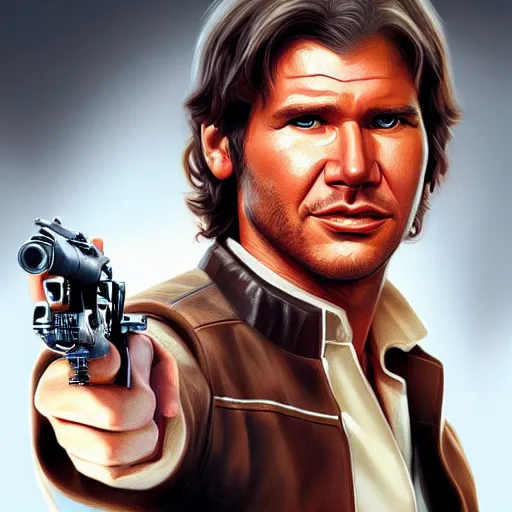 Image similar to old harrison ford as han solo, oil painting, artgerm, portrait, highly detailed, artstation