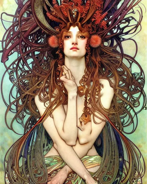 Prompt: realistic detailed face portrait of an elaborately dressed beautiful lionfish queen with coral reef hair by alphonse mucha, ayami kojima, amano, charlie bowater, karol bak, greg hildebrandt, jean delville, and mark brooks, art nouveau, pre - raphaelite, gothic, rich deep moody colors, coral reef by ernst haeckel, fantasy