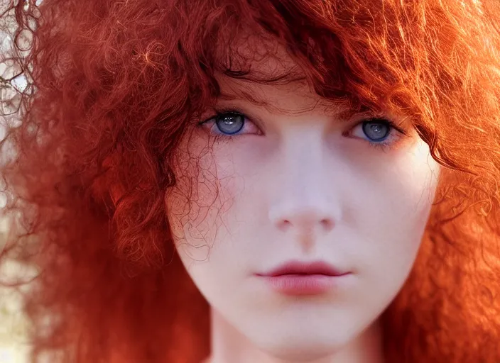 Image similar to award winning 5 5 mm close up face portrait photo of an anesthetic cute redhead with small nose, blood - red wavy hair, intricate eyes, in a park by luis royo