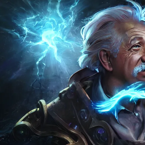 Image similar to portrait of albert einstein as a spellcaster, league of legends amazing splashscreen artwork, gears of war, splash art, natural light, elegant, photorealistic facial features, intricate, fantasy, detailed face, atmospheric lighting, anamorphic lens flare, cinematic lighting, league of legends splash art, hd wallpaper, ultra high details by greg rutkowski