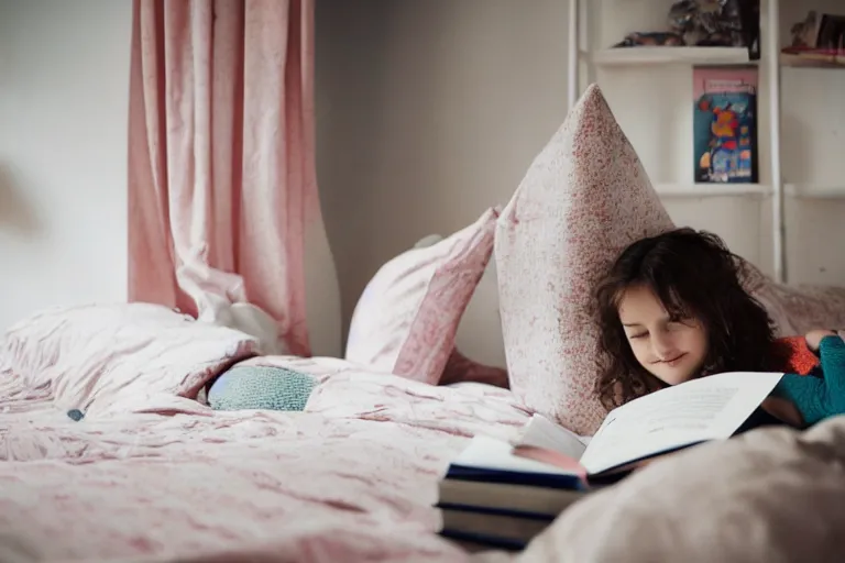 Prompt: a girl reading a book on her bedroom