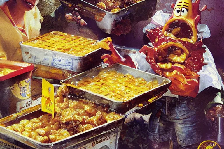 Image similar to mcdonald's fried bees with dry leaf stew, in 1 9 9 5, y 2 k cybercore, advertisement photo. artwork by craig mullins