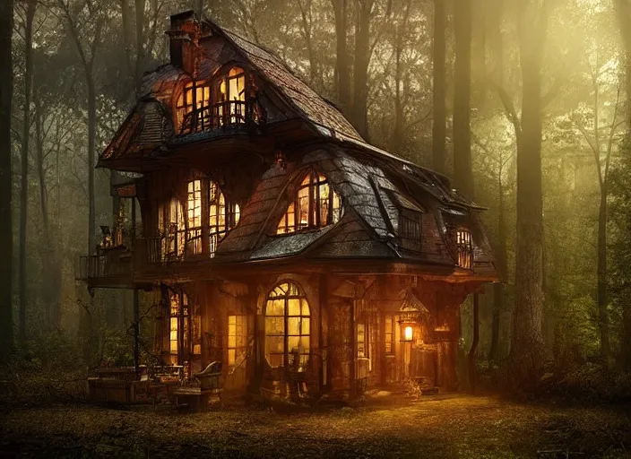 Prompt: house in a clearing in the middle of the forest, beautifully lit, steampunk, by sylwia bomba