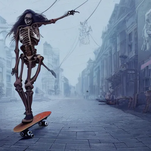 Prompt: a skeleton woman, riding a skateboard, full body pose, moody vibe historical, intricate, highly detailed, dynamic lighting, digital art, digital painting, artstation, wlop, sharp focus, illustration, art by artgerm and greg rutkowski and alphonse mucha