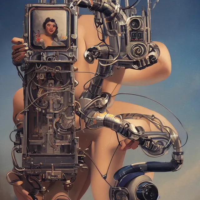 Prompt: robot artist painting a self - portrait on a canvas. intricate, highly detailed, digital matte painting in the style of gil elvgren and in the style of h. r. giger and in the style of sachin teng. irony, recursion, inspiration.