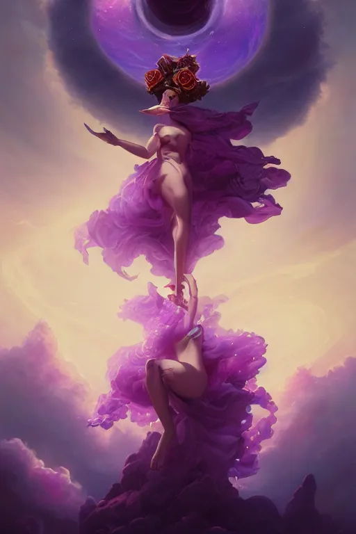 Image similar to the goddess of the sun by Peter mohrbacher, hyper realistic, octane render, stardust in atmosphere, black and purple rose petals , realistic hair, award winning artwork, trending on artstation, high quality printing, fine art with subtle redshift rendering