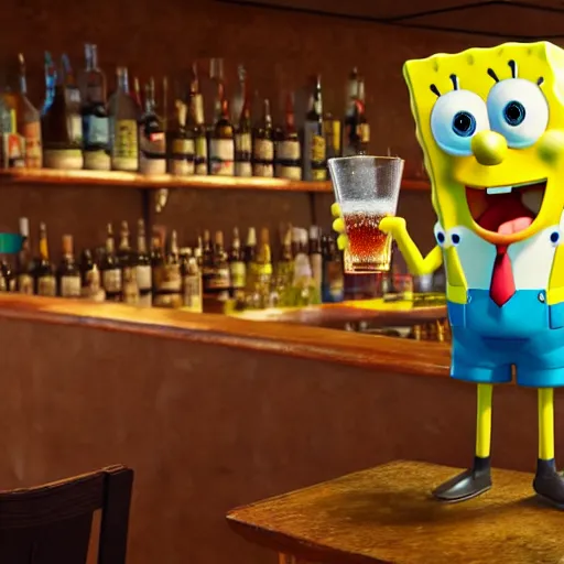 Prompt: photorealistic portrait of spongebob drinking in a spanish bar, hyper realistic, hyper detailed, unreal engine 5, octane render