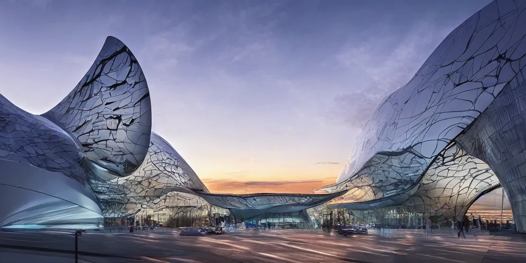 Image similar to extremely detailed ornate stunning sophisticated beautiful elegant futuristic museum exterior by Zaha Hadid, stunning volumetric light, beautiful sunset, tail lights