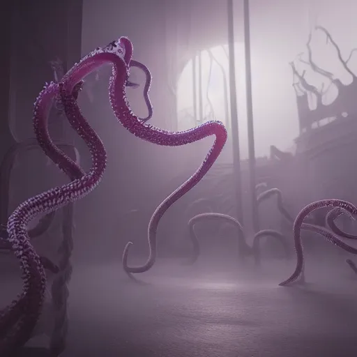 Image similar to soft painting curiosities horror tentacles synthwave, accurate features, focus, very intricate ultrafine details, black white purple, dense fog, award winning masterpiece, octane render 8 k hd, fantasy