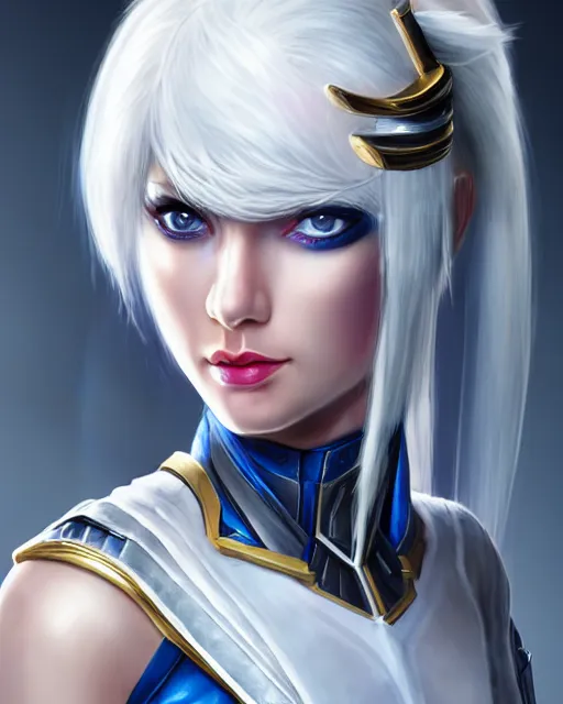 Image similar to perfect white haired attractive egyptian goddess, warframe armor, beautiful, symmetric, dreamy, half asian, pretty face, blue eyes, taylor swift, detailed, scifi platform, laboratory, experiment, 4 k, ultra realistic, epic lighting, android body, illuminated, cinematic, masterpiece, art by akihito tsukushi, voidstar