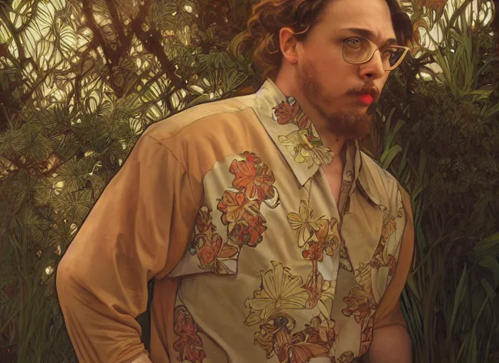 Image similar to Sam Hyde wearing luxuruous hawaiian vintage shirt, rule of thirds, accurately portrayed, portrait art by alphonse mucha and greg rutkowski, highly detailed, digital painting, concept art, illustration, ethereal lighting with twilight rays of sunlight, trending on artstation, very detailed, smooth, sharp focus, octane render, close up