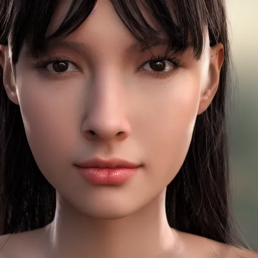 Image similar to a beautiful girl, closeup headshot, black ponytail, cinema - grade cg rendering, high detailed.