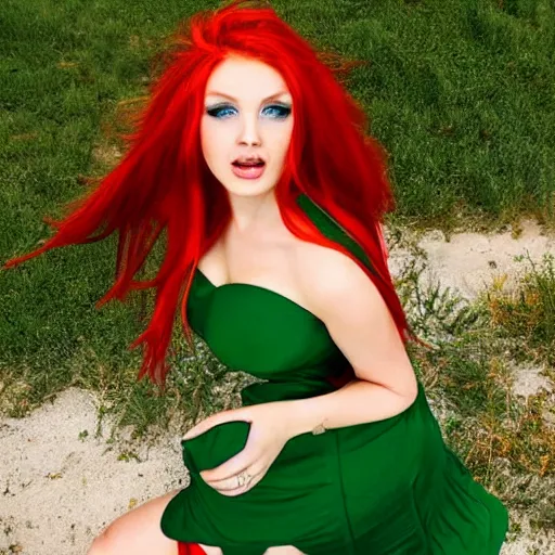 Image similar to beautiful green eyed goddess with red hair and fair skin wearing a thin green strapless sundress blowing in the wind on a sunny day