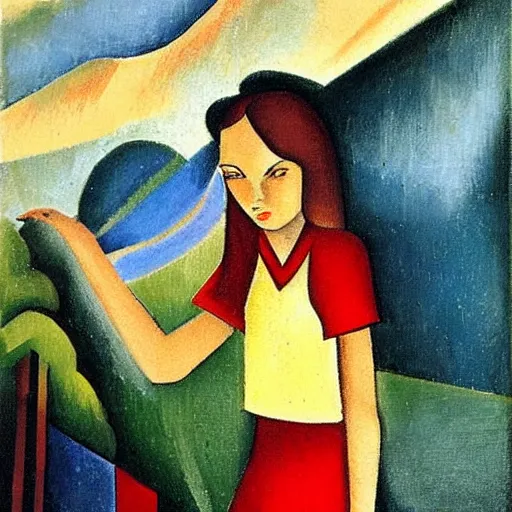 Prompt: by andre lhote atmospheric. mixed media art. a young girl stands in the center of the frame, looking off to the side. she wears a school uniform with a short skirt & a striped shirt. the background is a vivid, with wavy lines running through it.
