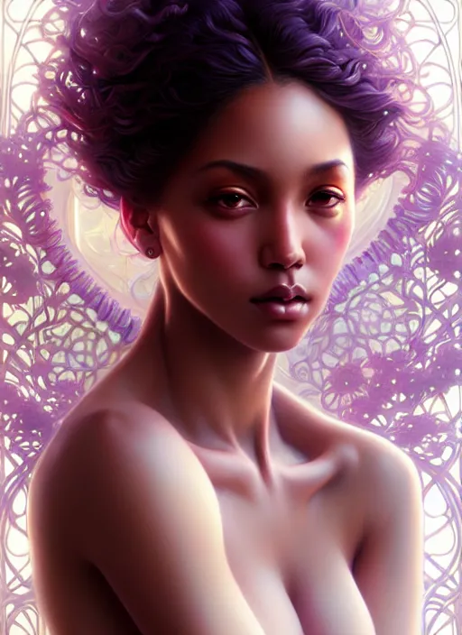 Prompt: Hyperrealistic beautiful sexy ethereal mulatto girl portrait, art nouveau, fantasy, intricate flower designs, elegant, highly detailed, sharp focus, art by Artgerm and Greg Rutkowski and WLOP