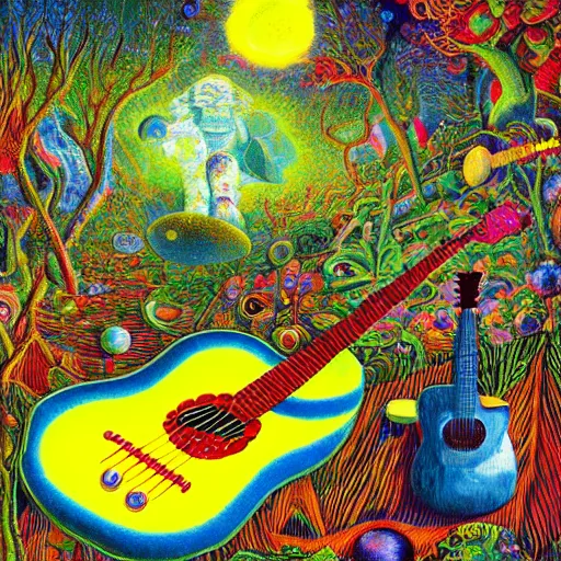 Image similar to psychedelic couch sofa in the lush forest, guitar, milky way, designed by moebius, rob gonsalves, gustav dore, giuseppe arcimboldo and carl barks, louis wain, trending on artstation, canada, star, sharp focus, colorful refracted sparkles and lines, soft light, 8 k 4 k