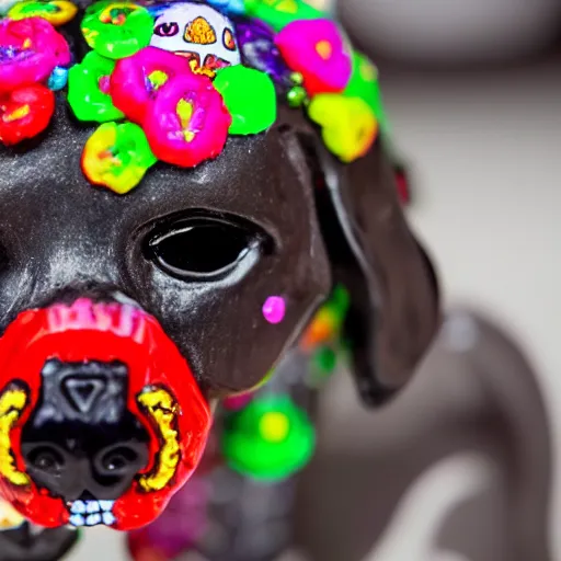 Prompt: a candy sugar skull havanese dog skull, mexico, day of the dead, close up photo, panasonic gh 6 6 0 mm bokeh