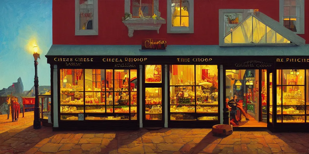 Image similar to a cheese shop window, by dan mumford and peter doig and edward hopper, highly detailed, dramatic lighting, 8 k