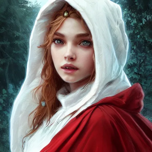 Image similar to Beautiful face Portrait of Little Red Riding Hood with a white panther, intricate, wild, highly detailed, digital painting, artstation, concept art, smooth, sharp focus, illustration, art by artgerm and greg rutkowski and alphonse mucha, footage from space camera