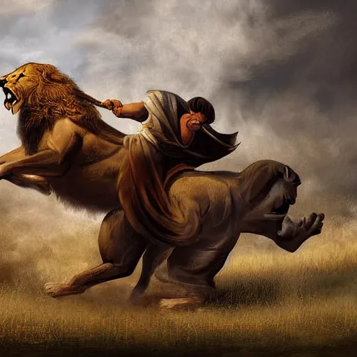 Prompt: gladiator attacking a lion, digital art