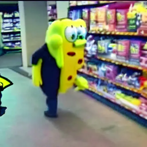 Image similar to cctv footage recorded last night of a man in a spongebob squarepants costume robbing a store