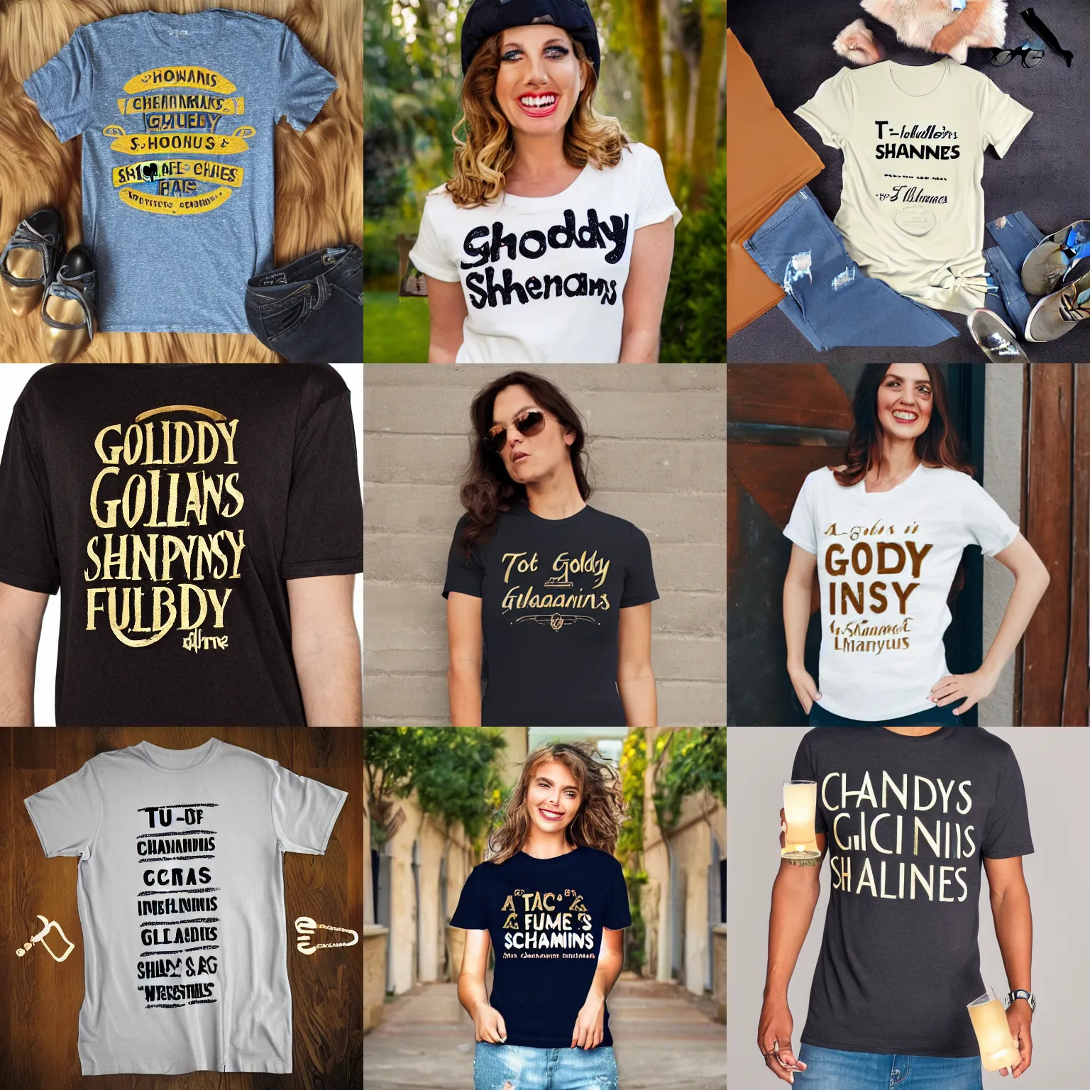 Prompt: a t - shirt with the words goldy shananigans and two champagne flutes