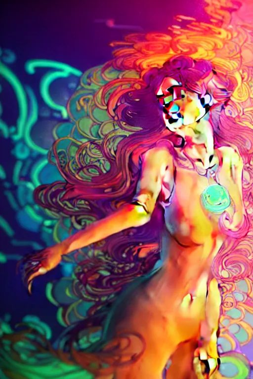 Image similar to a gorgeous woman surrounded by colorful liquid clouds and neon smoke, extremely detailed, super psychedelic experience, psilocybin, dmt, lsd, face, highly detailed, artstation, alphonse mucha, hana yata, and artem demura and beeple, octane render, unreal engine, 8 k