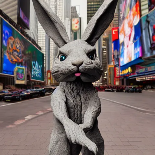 Image similar to a realistic clay sculpture of a very scary bunny with sharp teeth made by michelangelo, standing in times square, 3 d render, hyper detailed, sharp focus, 8 k resolution