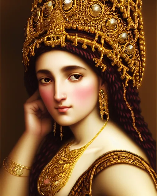 Image similar to photo of a gorgeous young bedouin woman wearing elaborate heavy baroque jewelry and headgear and rococo ornaments in the style of stefan kostic, realistic, sharp focus, symmetric, 8k high definition, insanely detailed, intricate, elegant, art by stanley lau and artgerm, William-Adolphe Bouguereau