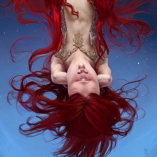 Image similar to a red haired goddess hanging upside down, long hair billowing down, intricate, elegant, highly detailed, digital painting, artstation, concept art, matte, sharp focus, illustration, in the style of magic the gathering, art by artgerm and greg rutkowski and alphonse mucha