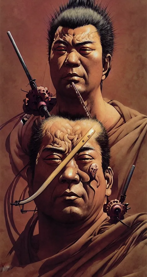 Image similar to portrait of zatoichi in the style of wayne barlowe, gustav moreau, peter mohrbacher, bussiere, roberto ferri, santiago caruso, luis ricardo falero, austin osman spare, boris vallejo, hajime sorayama