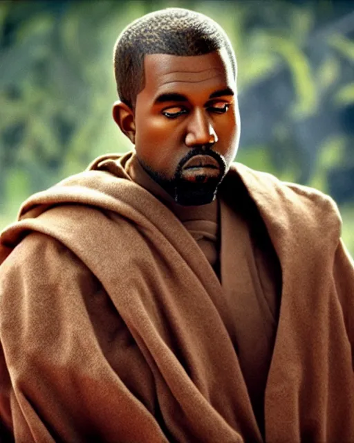 Prompt: film still close - up shot of kanye west as obi - wan kenobi from the movie return of the jedi. photographic, photography