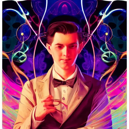 Prompt: face of a magician by leyendecker, vortex fractal rivers of dissipative chaos, neon ink accents, realistic textured, fantasy, song of the sea style, celtic folk art, by brandon woelfel, avetetsuya studios, alexandra fomina artstation, by makoto shinkai, digital 2 d, matte painting