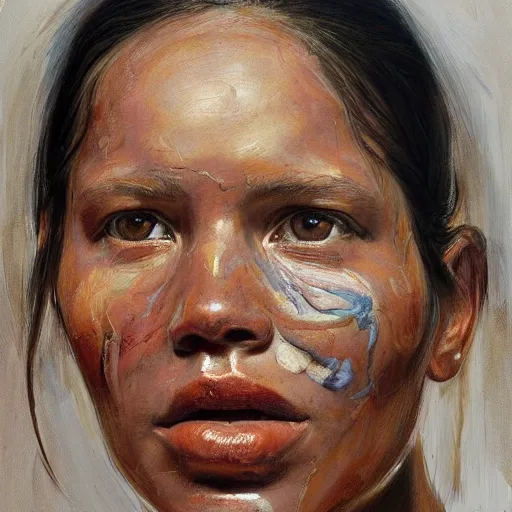 Image similar to high quality high detail painting by jenny saville, hd, a skinny beautiful indigenous woman tribe leader, photorealistic lighting