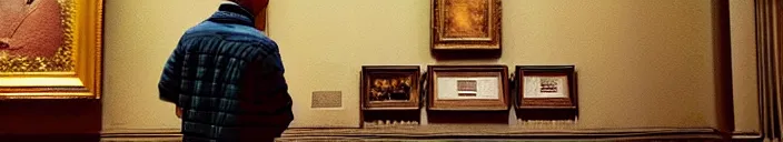 Prompt: a man in a museum looking at a painting of a man in a museum, part by Norman Rockwell, part by Greg Rutkowski , part by Mattias Adolfsson, high angle, intricate, detailed, (((volumetric lighting))), oil on canvas