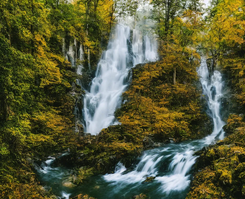 Image similar to the most beautiful panoramic 3 5 mm photography where a giant dreamy waterfall creates a river the trees around are starting and a deer