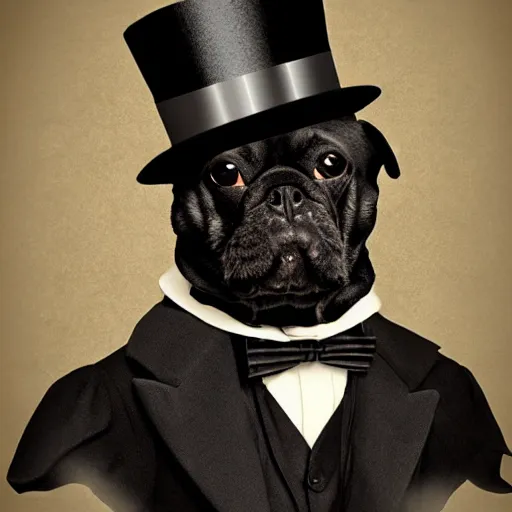 Image similar to portrait of a dog wearing a suit and a top hat and a monocle on one eye, digital art, duotone