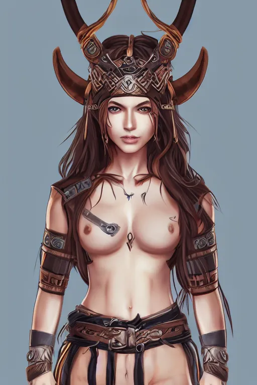 Image similar to heroine, beautiful, full body portrait, thin but strong viking samurai woman, open shirt, 6 pack, symmetrical beautiful face, relaxed pose, ultra detailed, digital art, 8 k, character, realistic, portrait, hyperrealistic