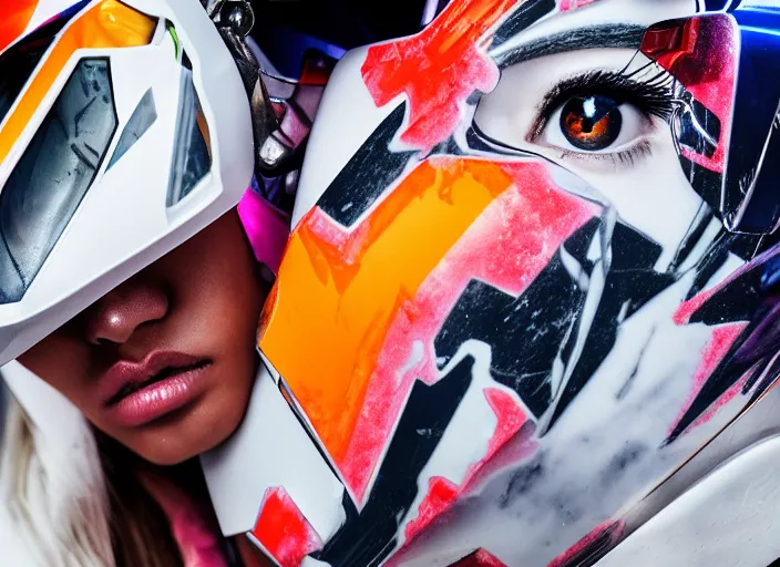 Image similar to medium close up portrait of extremely beautiful photo of a white marble statue of an anime girl with colorful motocross logos and motorcycle helmet with closed visor, colorful smoke in the background, carved marble statue, fine art, neon genesis evangelion, virgil abloh, offwhite, denoise, highly detailed, 8 k, hyperreal
